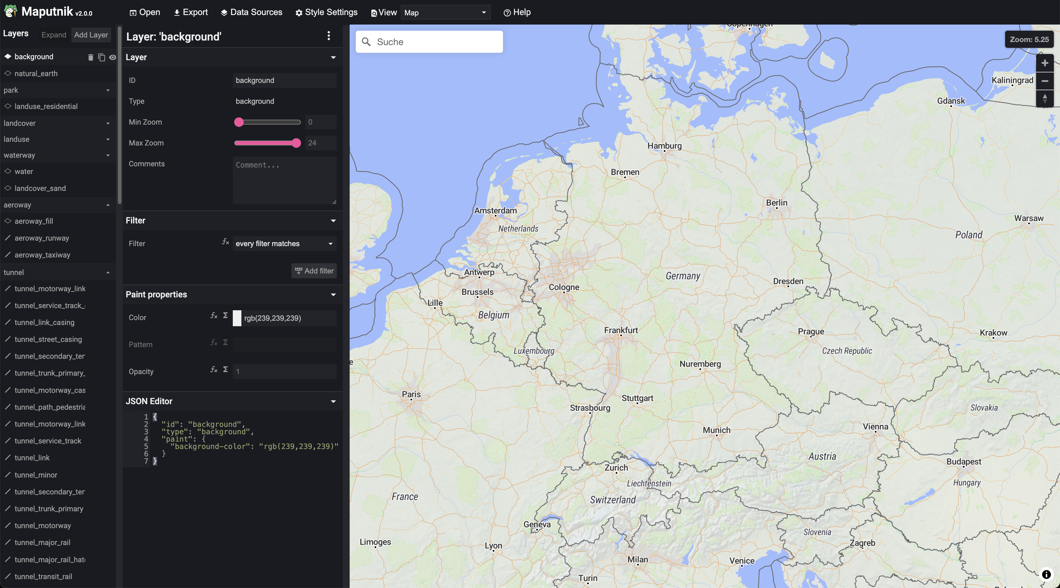 Die Basemap kann designed werden - wie hier mit dem Tool Maputnik für MapLibre Styles.