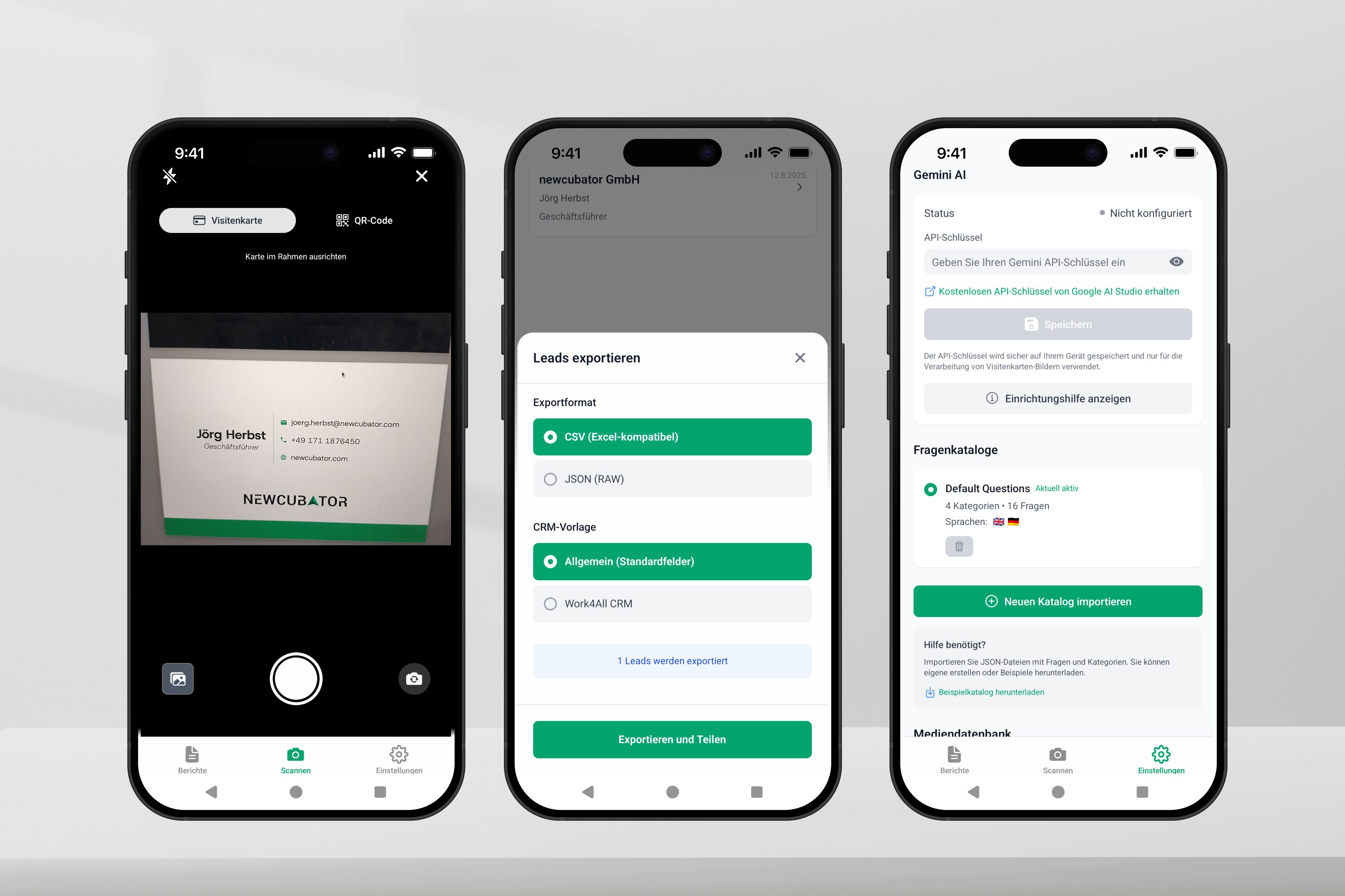 Lead-O-Mat Ansicht der drei Screens Scan, Export, Einstellungen
