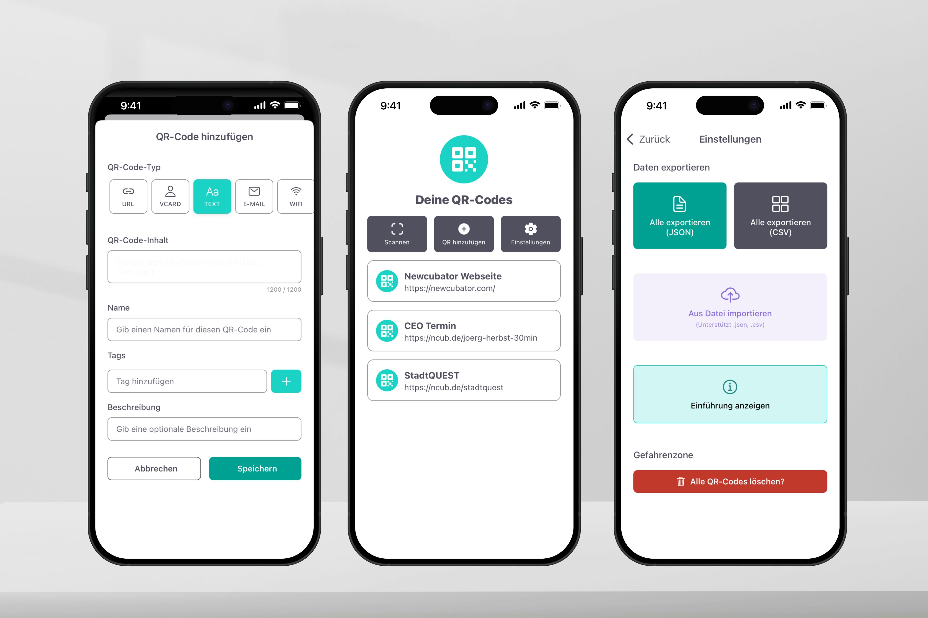 Drei iPhones zeigen die App QRbator